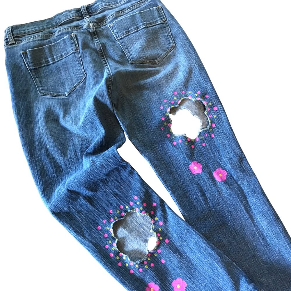 Upcycled Flower Cut-Out Jeans, Holey Distressed Funky Pants 10 Short - Picture 4 of 15